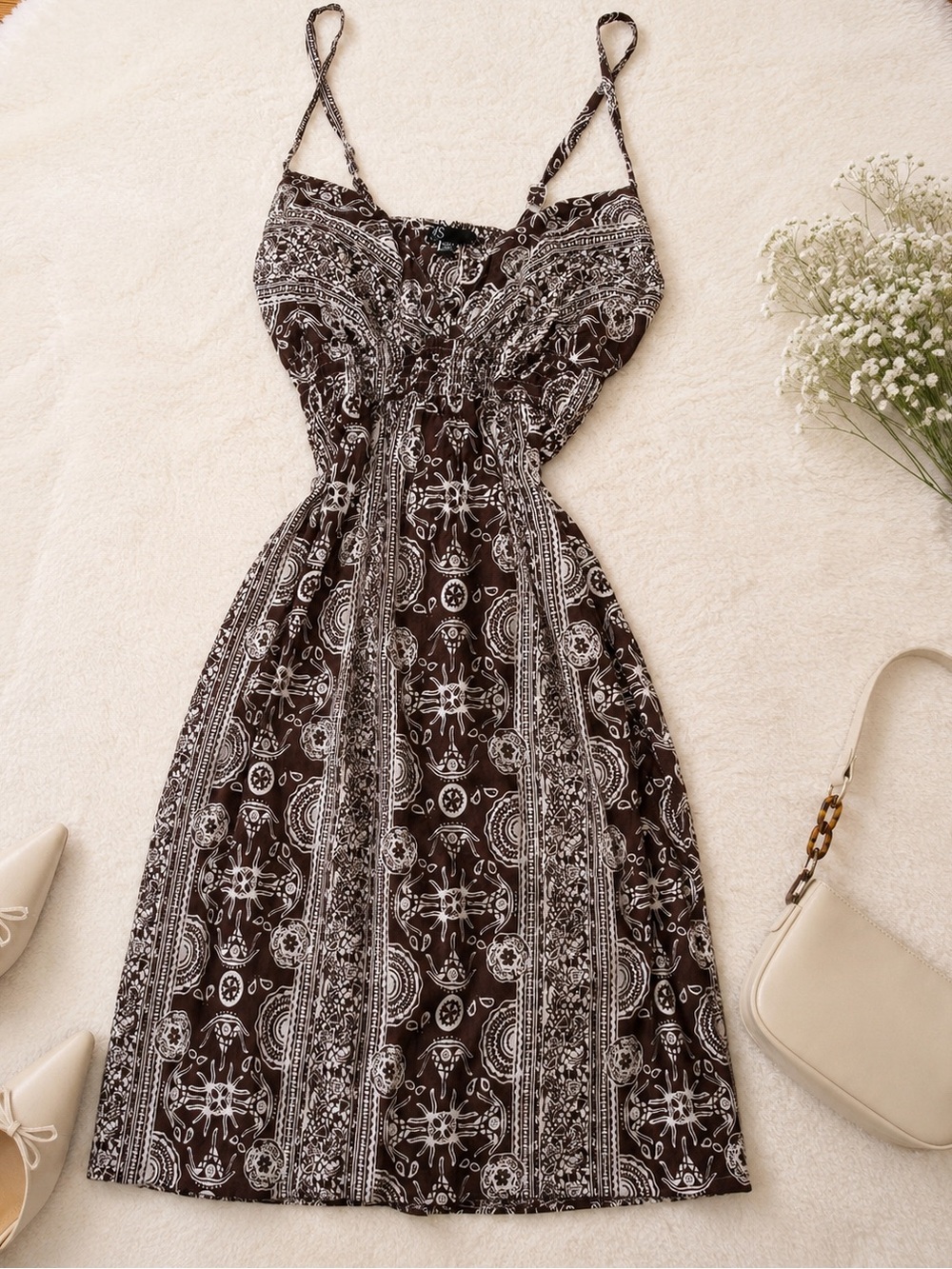 SWS Brown Boho Paisley Maxi Dress | Adjustable Straps | Size S